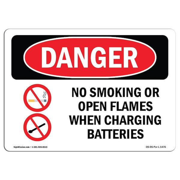 OSHA Sign, No Smoking When Charging Batteries, 18in X 12in Rigid Plastic, 12" W, 18" L, Landscape
